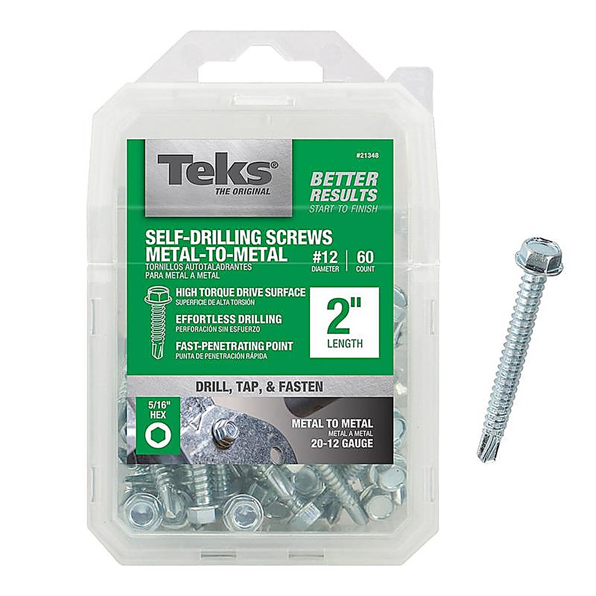 Teks - 21348 - No. 12 x 2 in. L Hex Washer Head Zinc-Plated Steel Sheet Metal Screws - 60/Pack