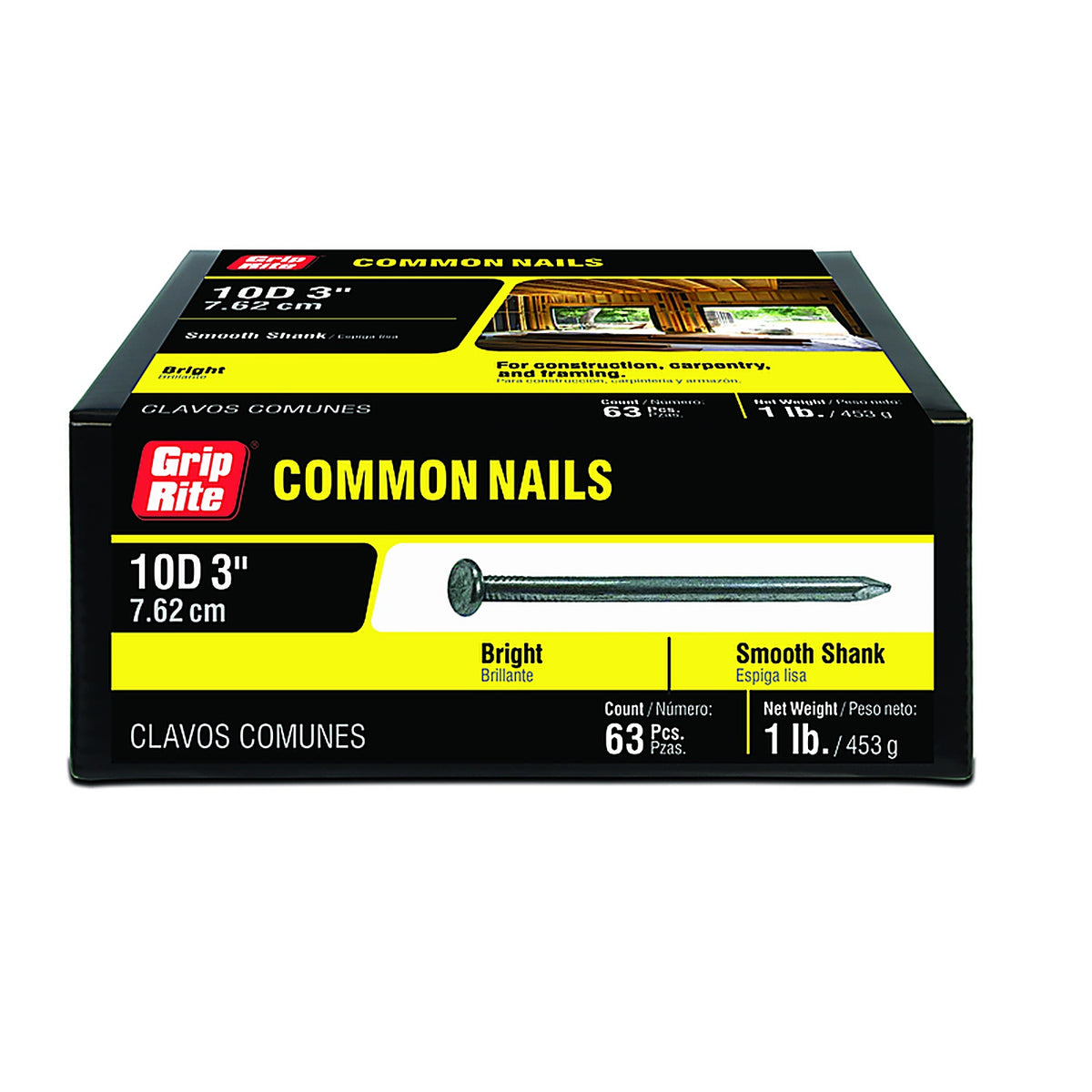 Grip-Rite - 10C1 - 10D 3 in. Common Bright Steel Nail Flat 1 lb.