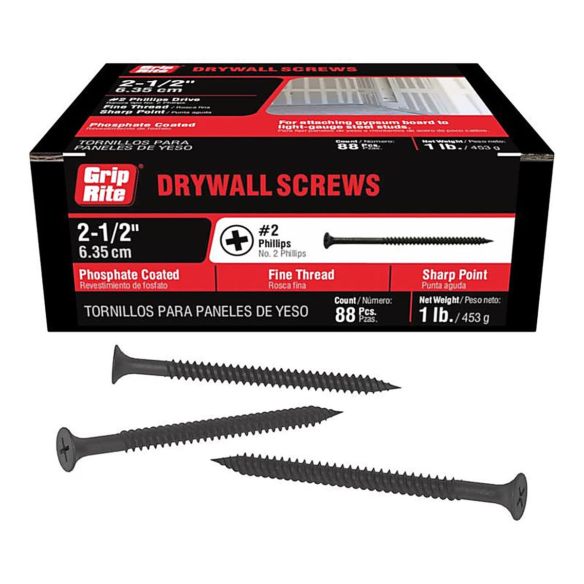 Grip-Rite - 212DWS1 - No. 8 x 2-1/2 in. L Phillips Drywall Screws 1 lb. - 149/Pack