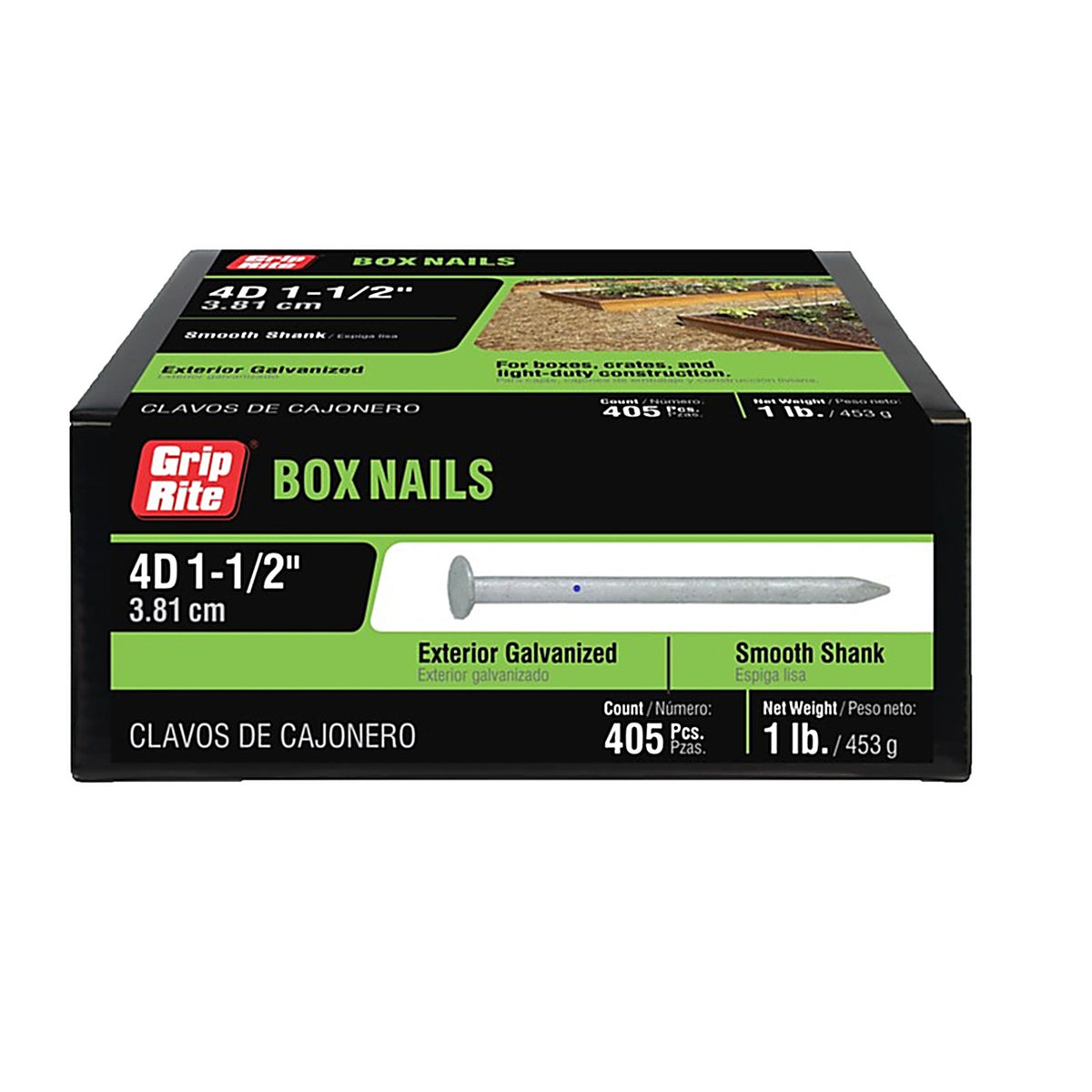 Grip-Rite - 4HGBX1 - 4D 1-1/2 in. Box Hot-Dipped Galvanized Steel Nail Flat 1 lb.