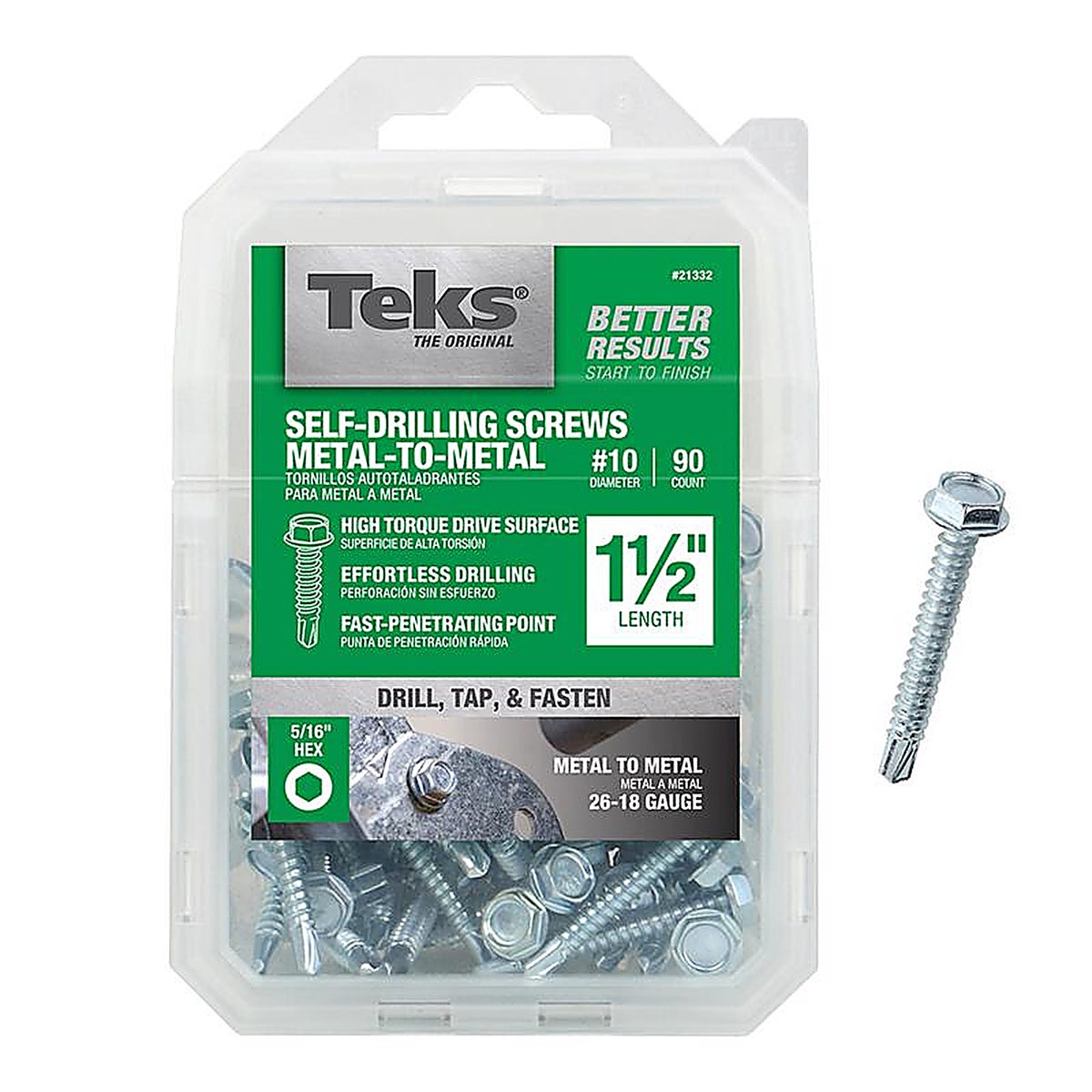 Teks - 21332 - No. 10 x 1-1/2 in. L Hex Washer Head Sheet Metal Screws - 90/Pack