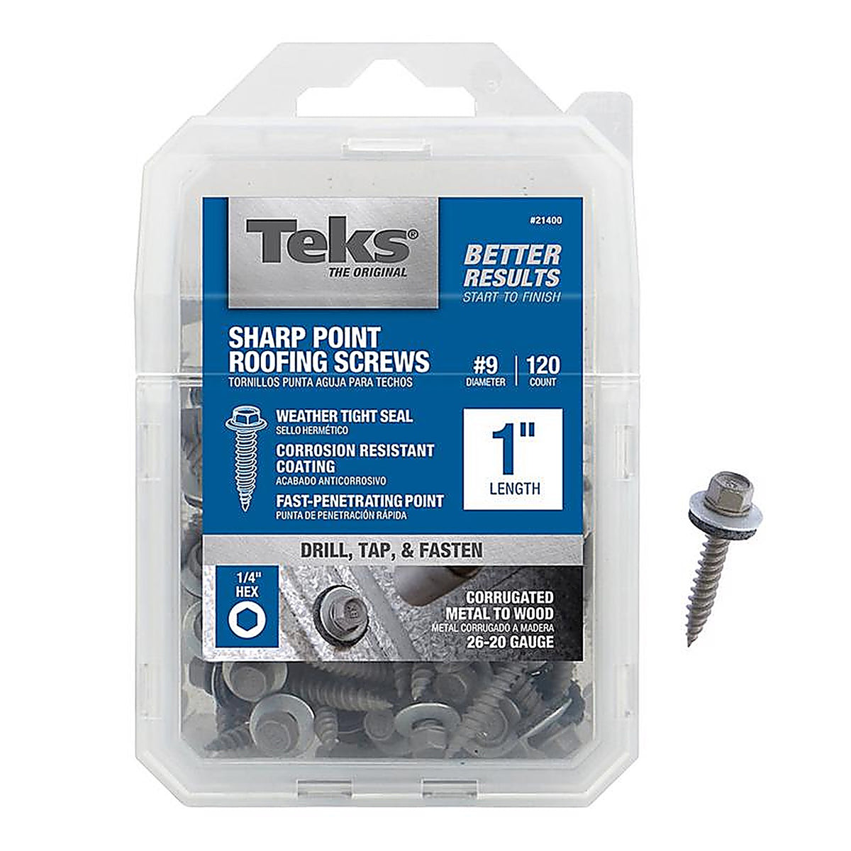 Teks - 21400 - No. 9 x 1 in. L Hex Drive Hex Washer Head Roofing Screws - 120/Pack