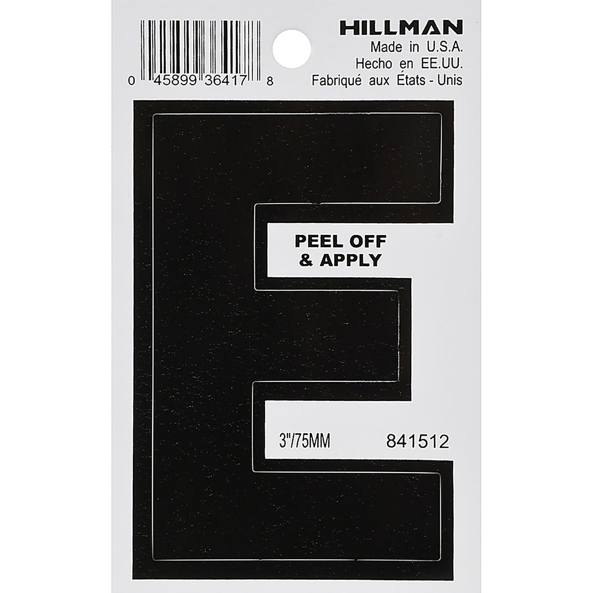 Hillman - 841512 - 3 in. Black Vinyl Self-Adhesive Letter E 1/pc.