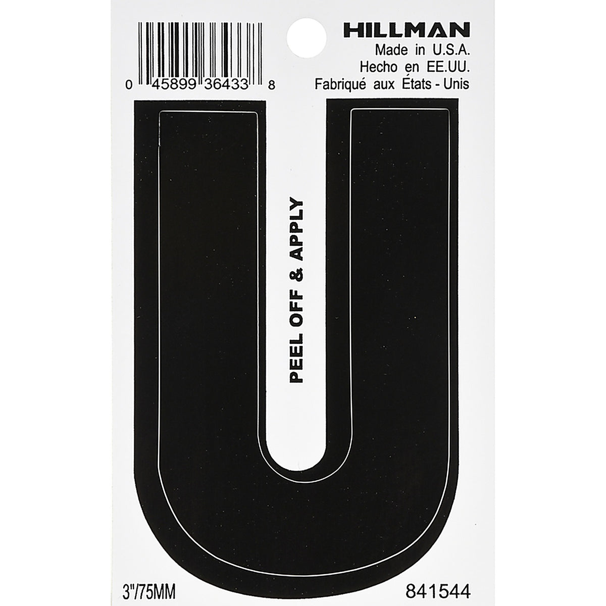 Hillman - 841544 - 3 in. Black Vinyl Self-Adhesive Letter U 1 pc