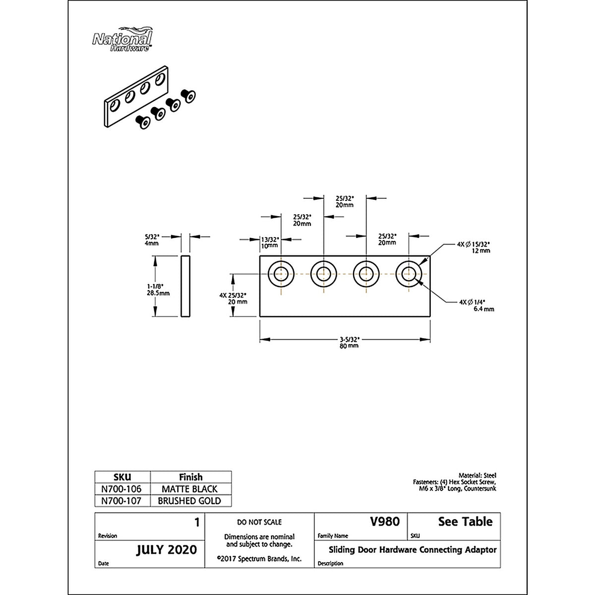 National Hardware - N700-106 - 3-1/8 inch L Matte Black Steel Sliding Door Hardware Connecting Adapter 1