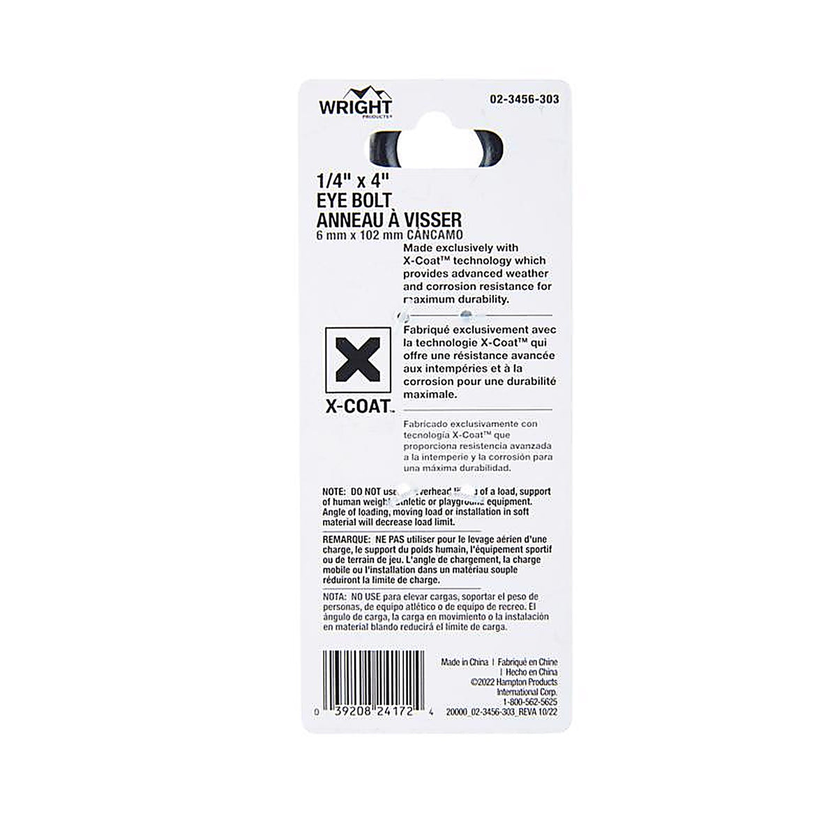 Wright - 02-3456-303 - 1/4 in. X 4 in. L Black Steel Eyebolt Nut Included