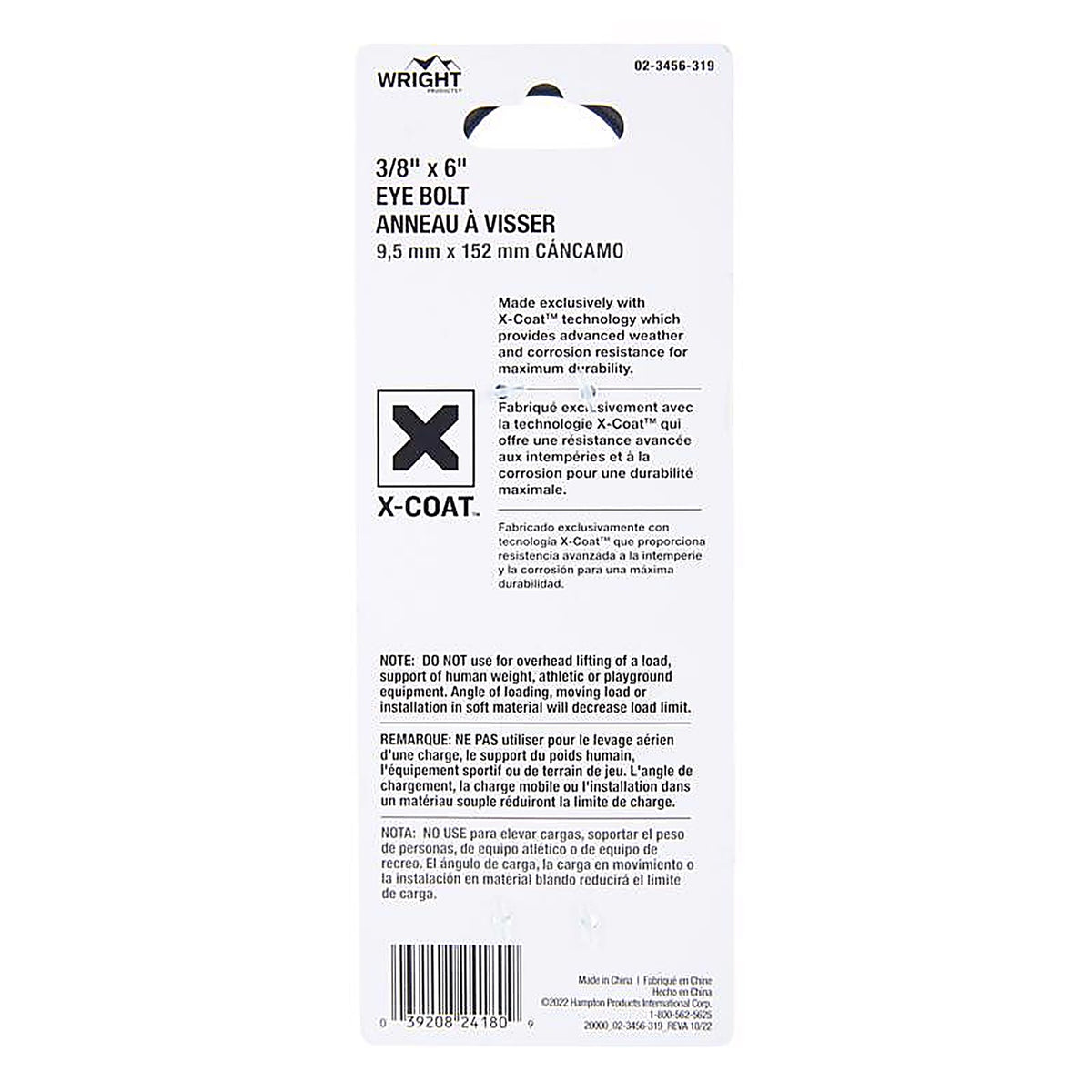 Wright - 02-3456-319 - 3/8 in. X 6 in. L Black Steel Eyebolt Nut Included