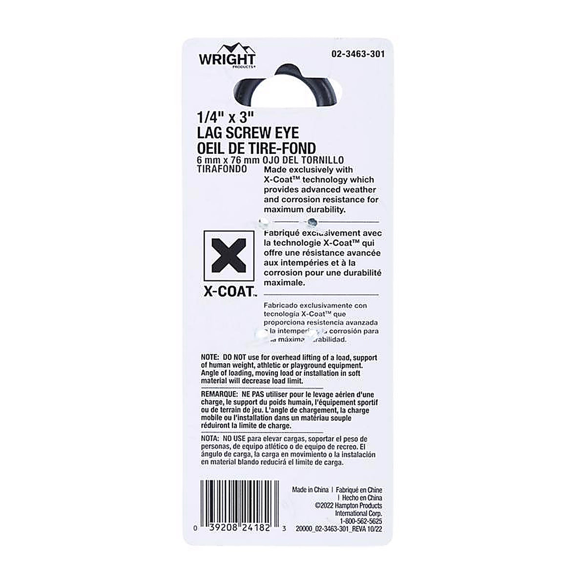 Wright - 02-3463-301 - 1/4 in. D X 3 in. L Black Steel Lag Screw Eye 150 lb 1 pk