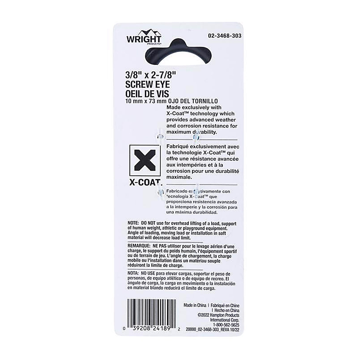 Wright - 02-3468-303 - 3/8 in. D X 2-7/8 in. L Black Steel Screw Eye 250 lb 1 pk