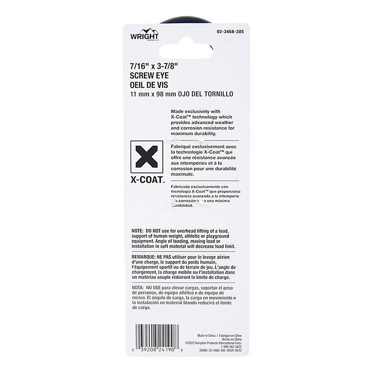 Wright - 02-3468-305 - 7/16 in. D X 3-7/8 in. L Black Steel Screw Eye 325 lb 1 pk