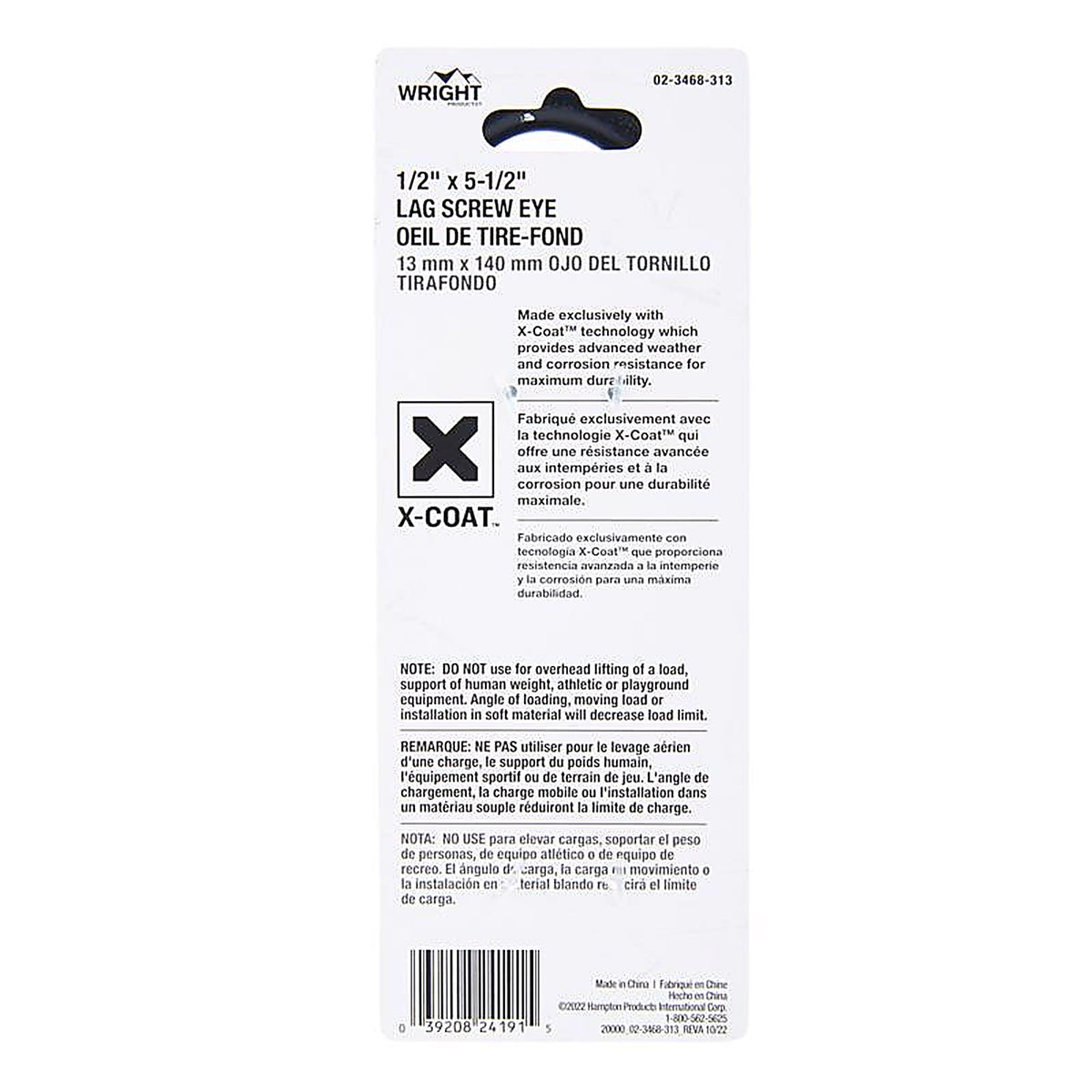 Wright - 02-3468-313 - 1/2 in. D X 5-1/2 in. L Black Steel Lag Screw Eye 350 lb 1 pk