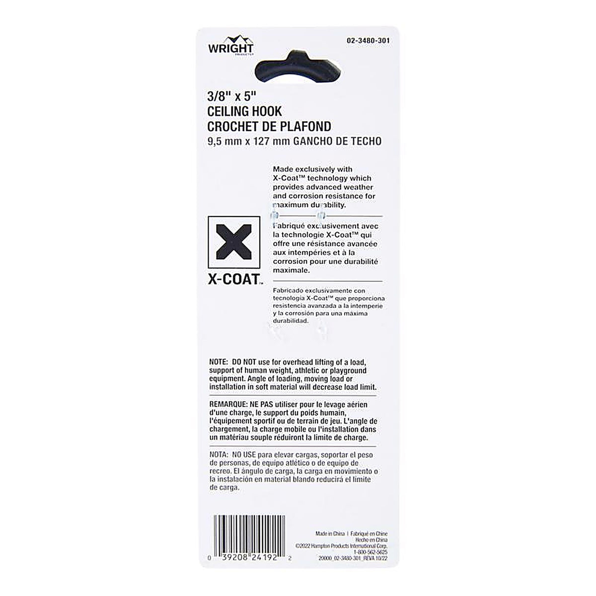 Wright - 02-3480-301 - Medium Matte Black Black Steel 5 in. L Ceiling Hook 100 lb 1 pk