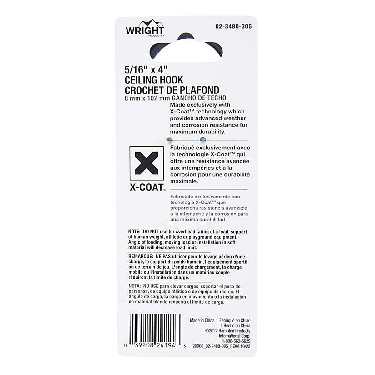 Wright - 02-3480-305 - Medium Matte Black Black Steel 4 in. L Ceiling Hook 100 lb 1 pk