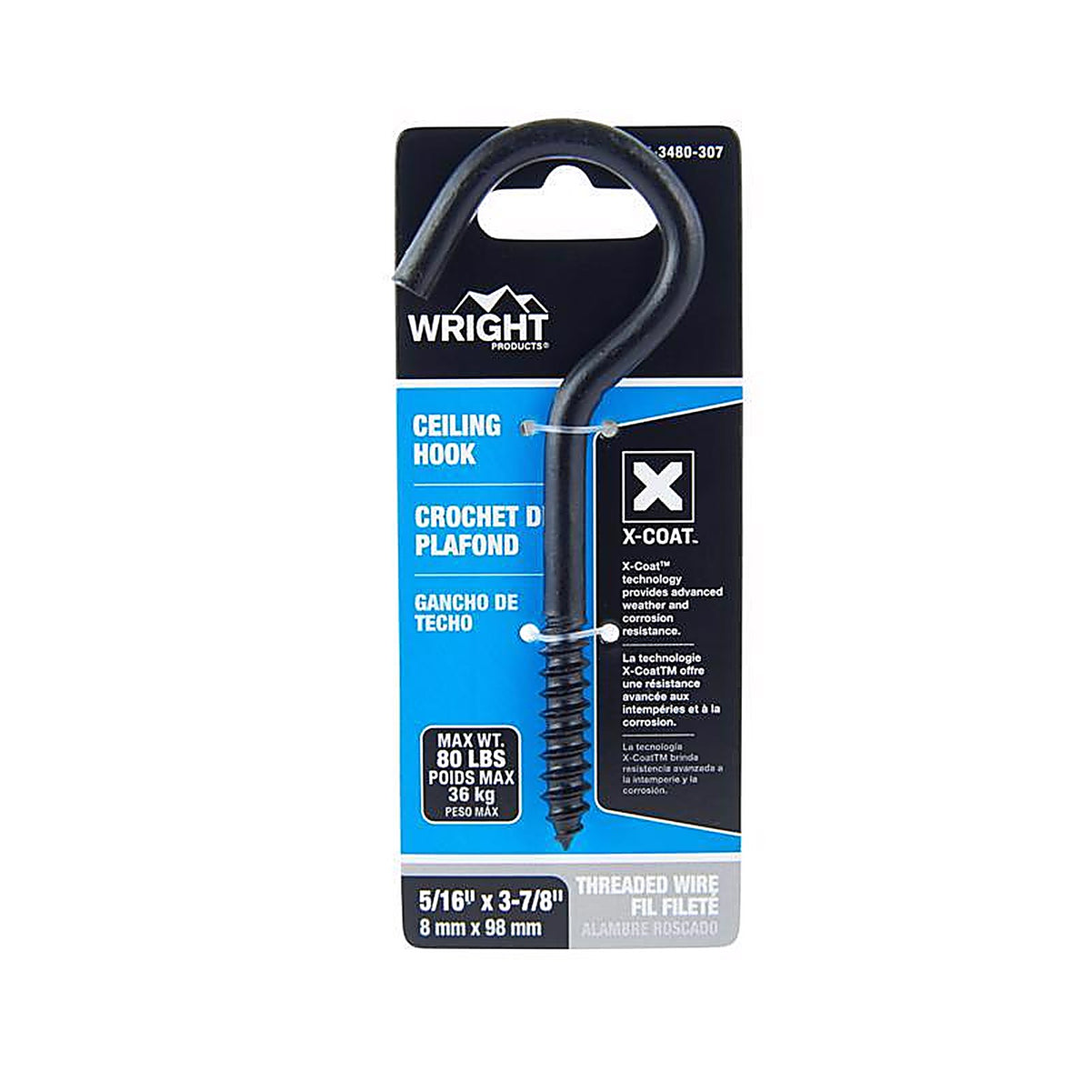 Wright - 02-3480-307 - Medium Matte Black Black Steel 3-7/8 in. L Ceiling Hook 80 lb 1 pk