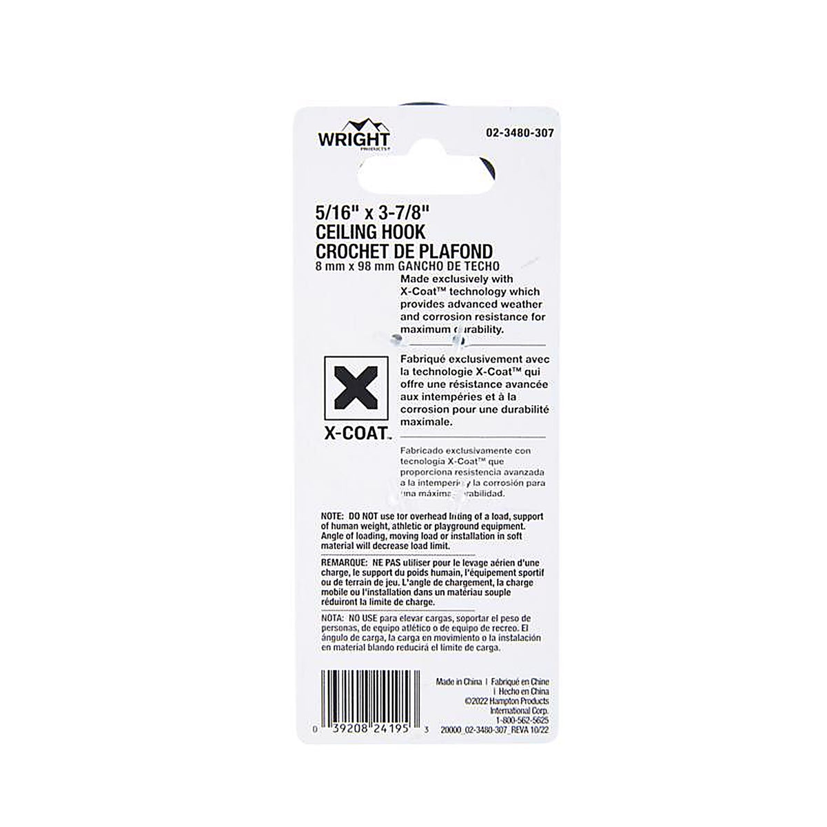Wright - 02-3480-307 - Medium Matte Black Black Steel 3-7/8 in. L Ceiling Hook 80 lb 1 pk