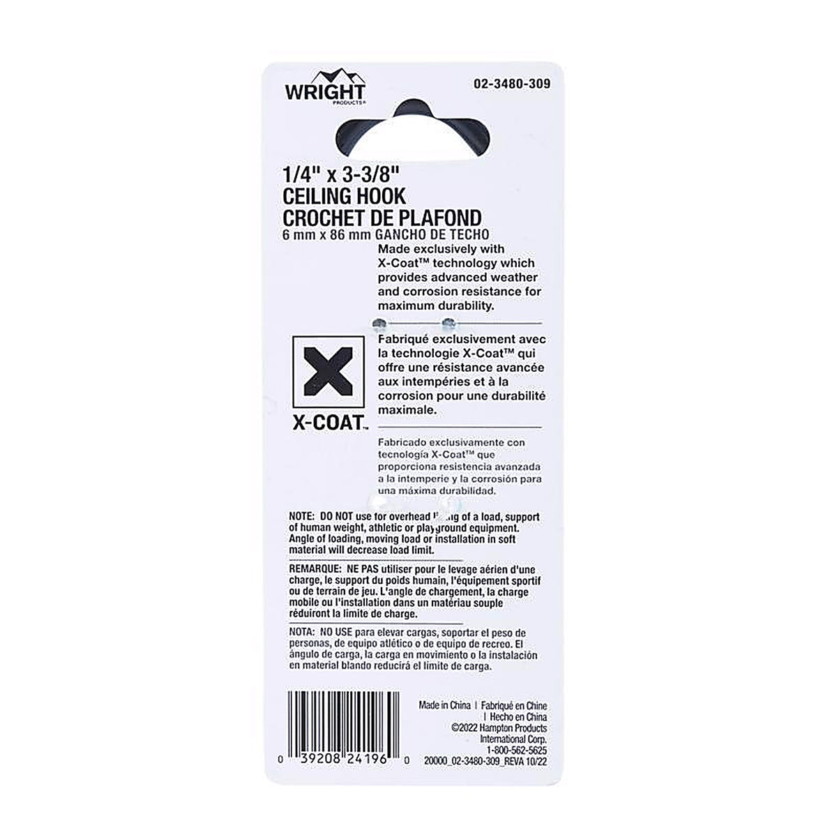 Wright - 02-3480-309 - Medium Matte Black Black Steel 3-3/8 in. L Ceiling Hook 50 lb 1 pk
