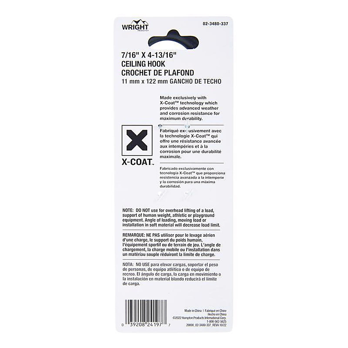 Wright - 02-3480-337 - Medium Matte Black Black Steel 4-3/16 in. L Ceiling Hook 200 lb 1 pk