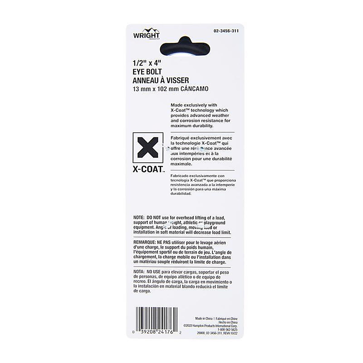 Wright - 02-3456-311 - 1/2 in. X 4 in. L Black Steel Eyebolt Nut Included