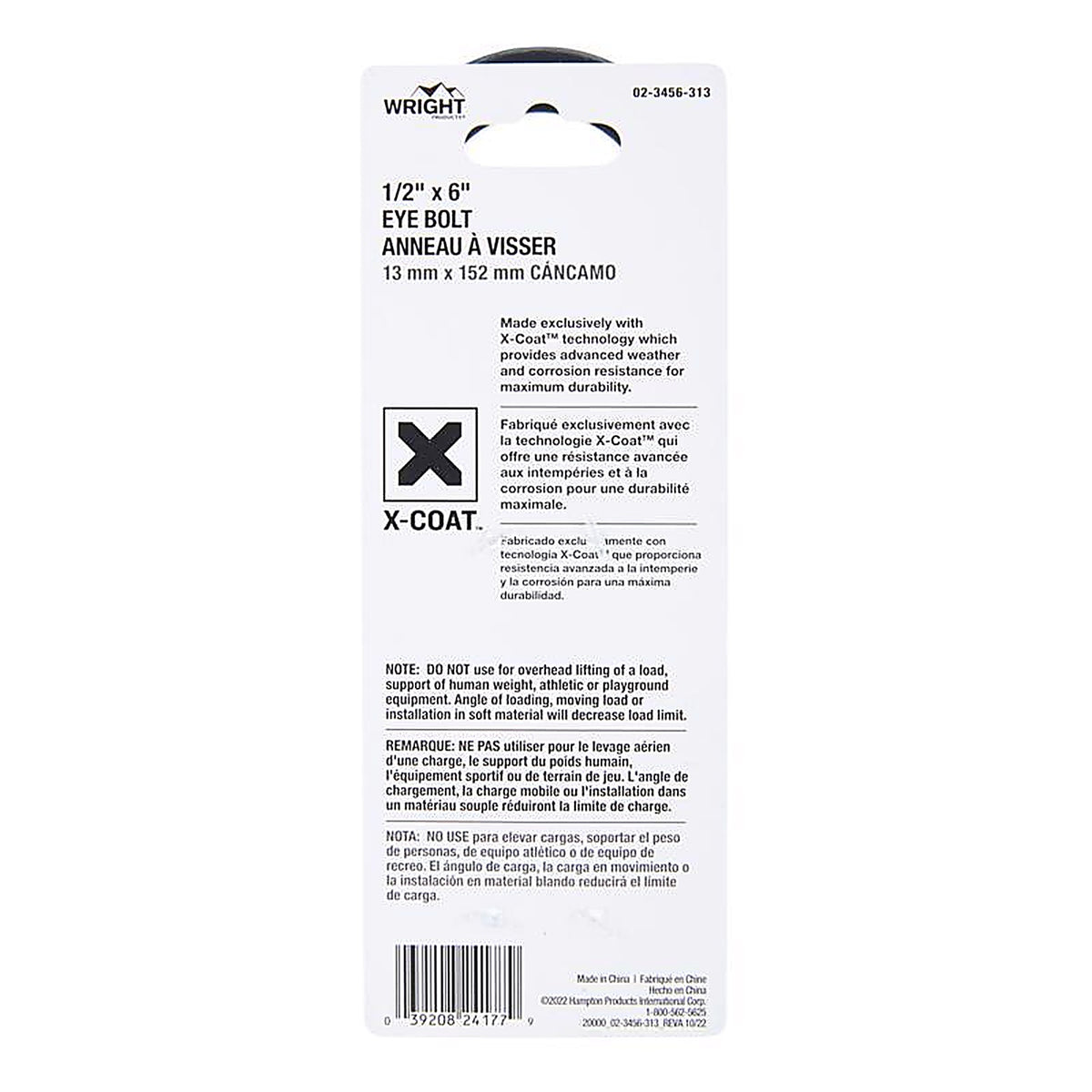 Wright - 02-3456-313 - 1/2 in. X 6 in. L Black Steel Eyebolt Nut Included