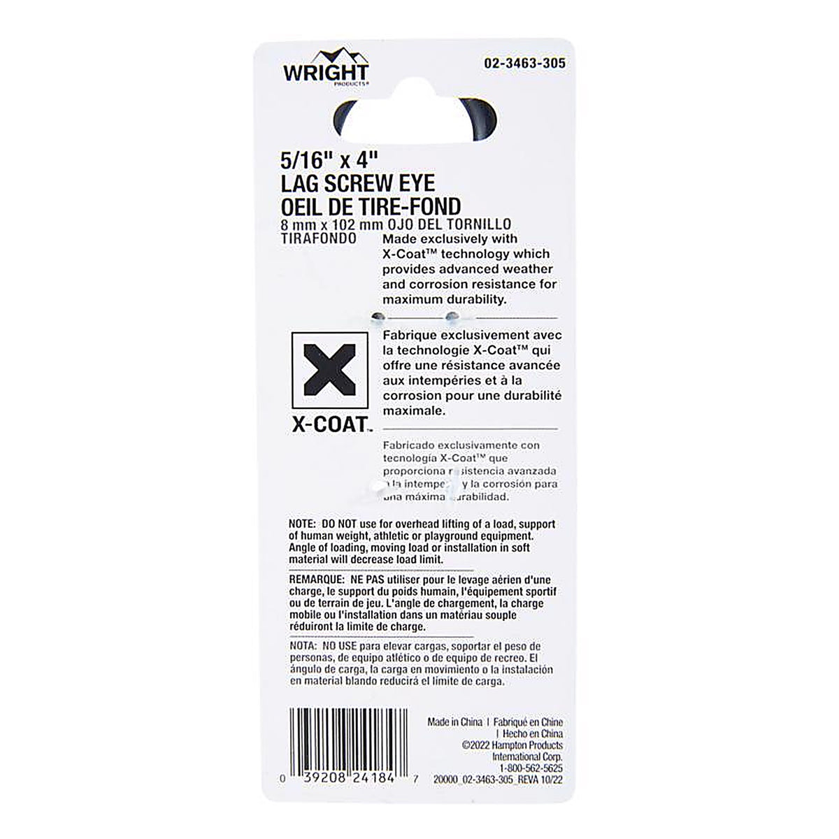 Wright - 02-3463-305 - 5/16 in. D X 4 in. L Black Steel Lag Screw Eye 225 lb 1 pk