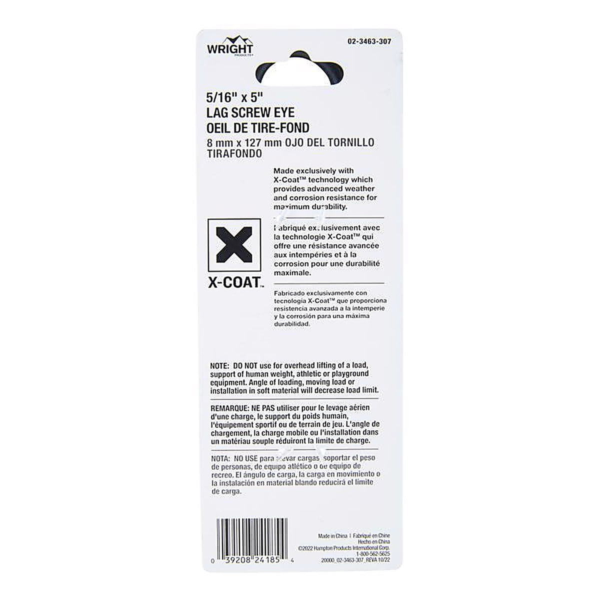 Wright - 02-3463-307 - 5/16 in. D X 5 in. L Black Steel Lag Screw Eye 225 lb 1 pk