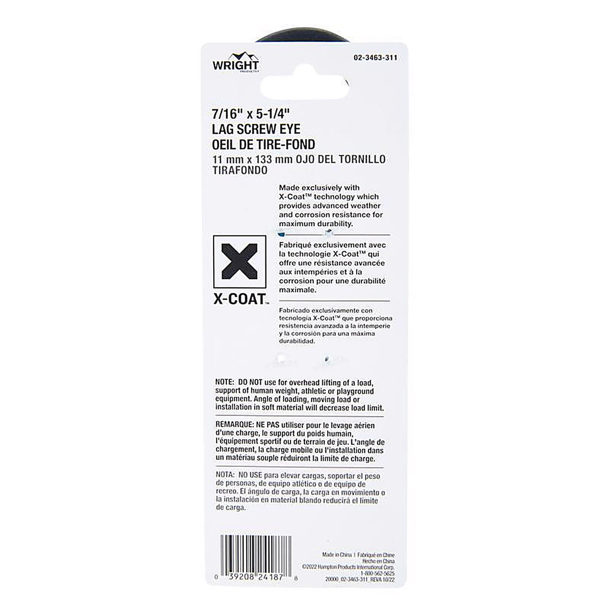 Wright - 02-3463-311 - 7/16 in. D X 5-1/4 in. L Black Steel Lag Screw Eye 325 lb 1 pk