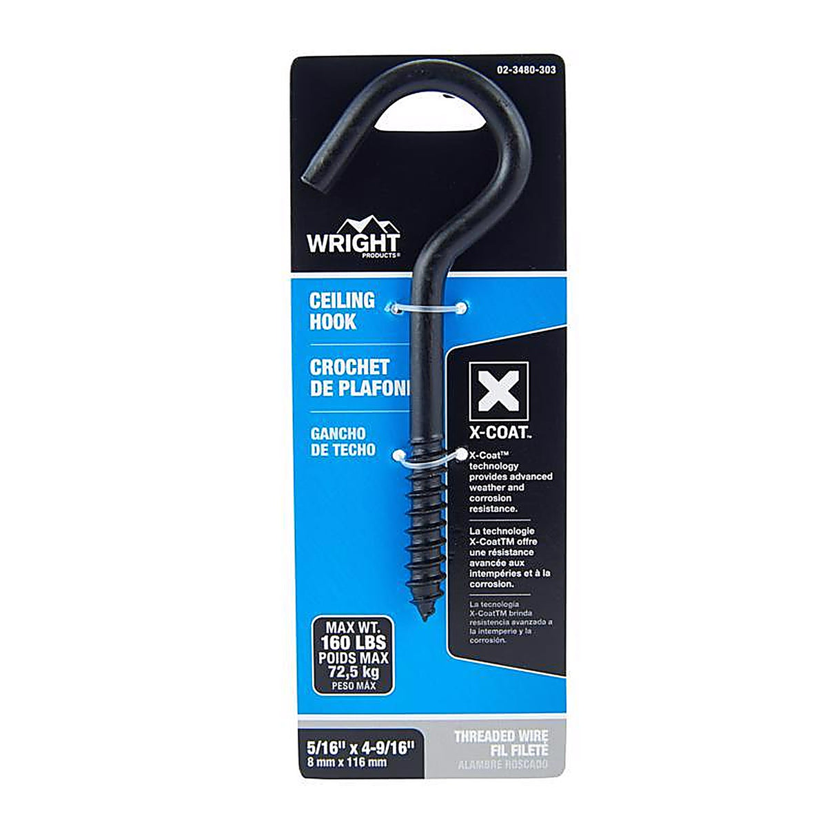 Wright - 02-3480-303 - Medium Matte Black Black Steel 4-9/16 in. L Ceiling Hook 160 lb 1 pk
