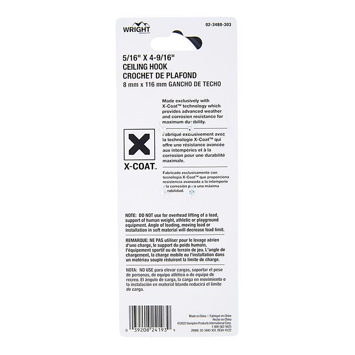 Wright - 02-3480-303 - Medium Matte Black Black Steel 4-9/16 in. L Ceiling Hook 160 lb 1 pk