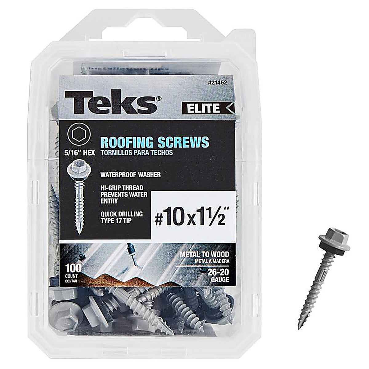 Teks Elite - 21452 - No. 10 X 1-1/2 in. L Hex Drive Hex Washer Head Roofing Screws 100 pk