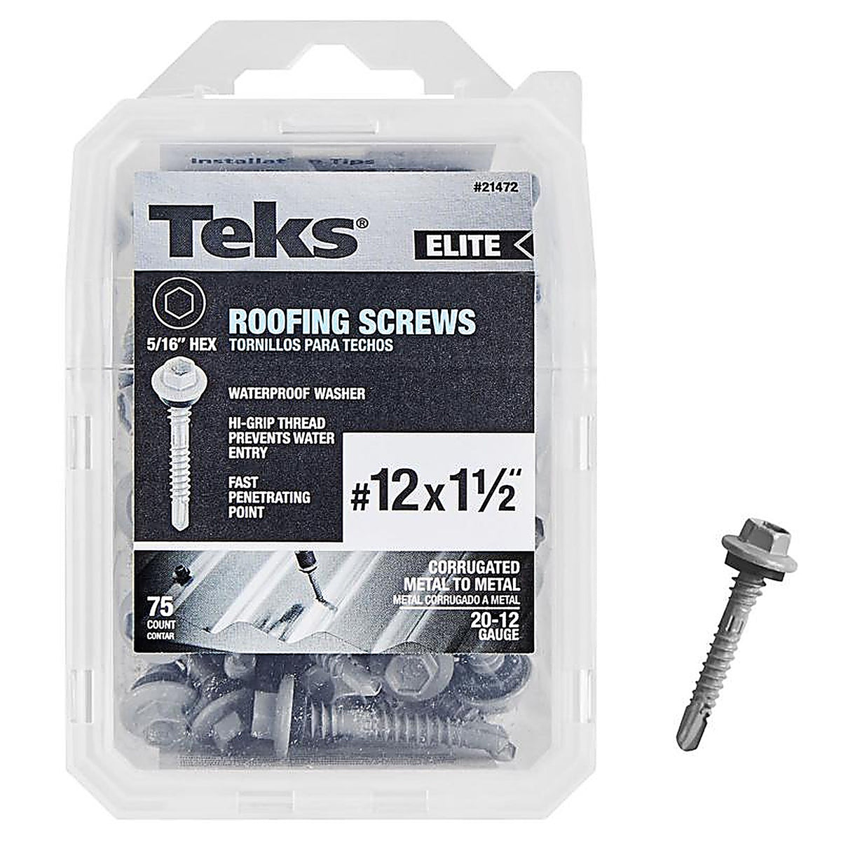 Teks Elite - 21472 - No. 12 X 1-1/2 in. L Hex Drive Hex Washer Head Roofing Screws 75 pk