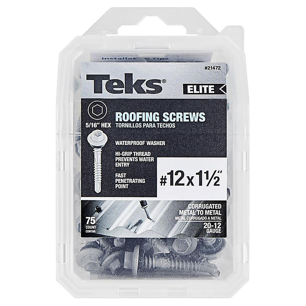 Teks Elite - 21472 - No. 12 X 1-1/2 in. L Hex Drive Hex Washer Head Roofing Screws 75 pk