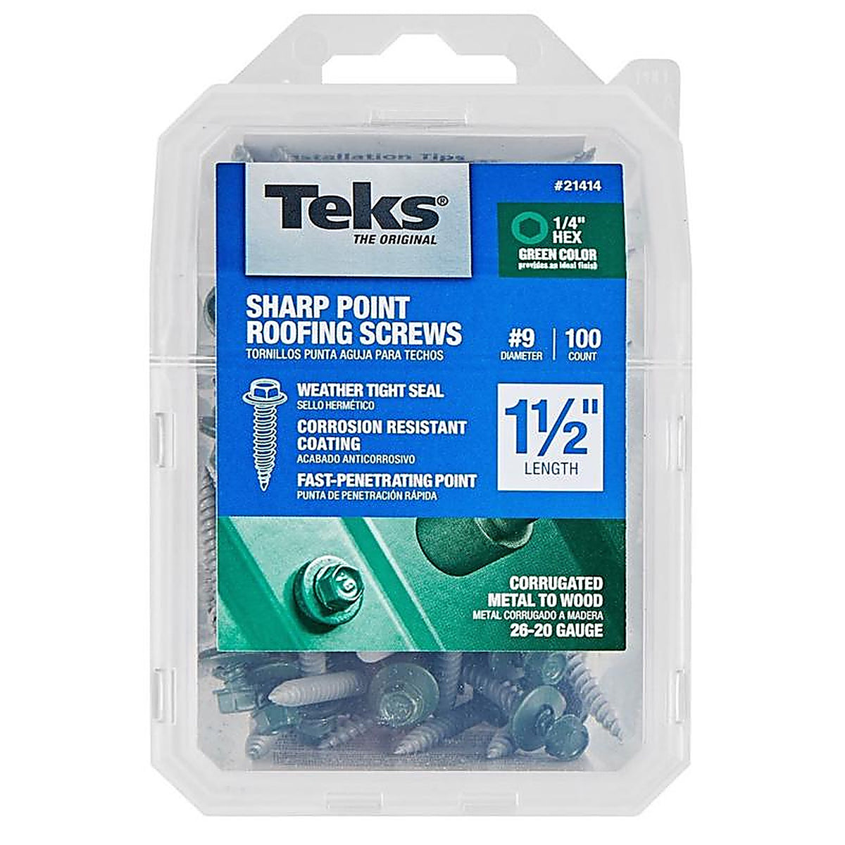Teks - 21414 - No. 9 X 1-1/2 in. L Hex Drive Hex Washer Head Roofing Screws 100 pk