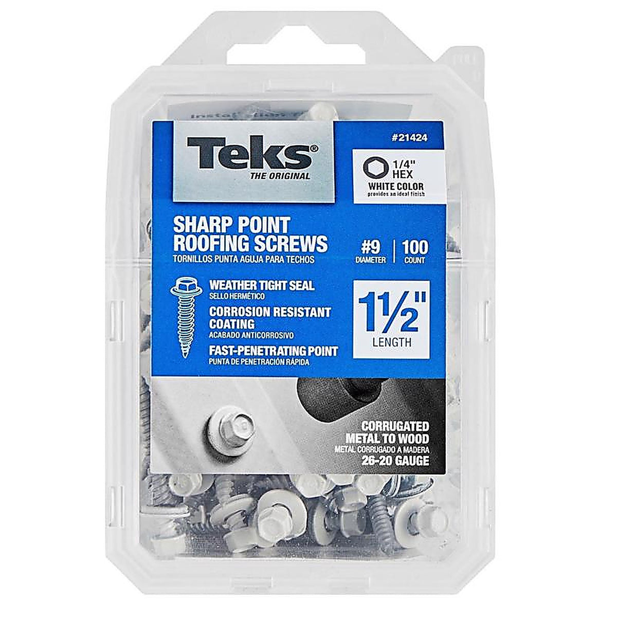 Teks - 21424 - No. 9 X 1-1/2 in. L Hex Drive Hex Washer Head Roofing Screws 100 pk
