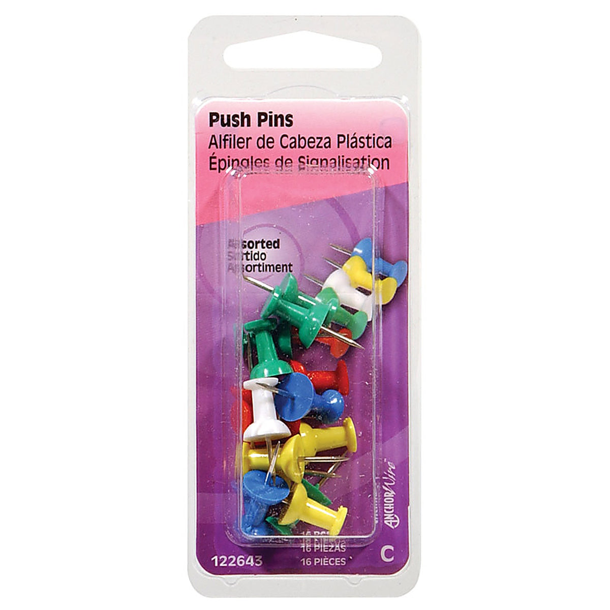 Hillman - 122643 - Assorted Push Pins - 16/Pack