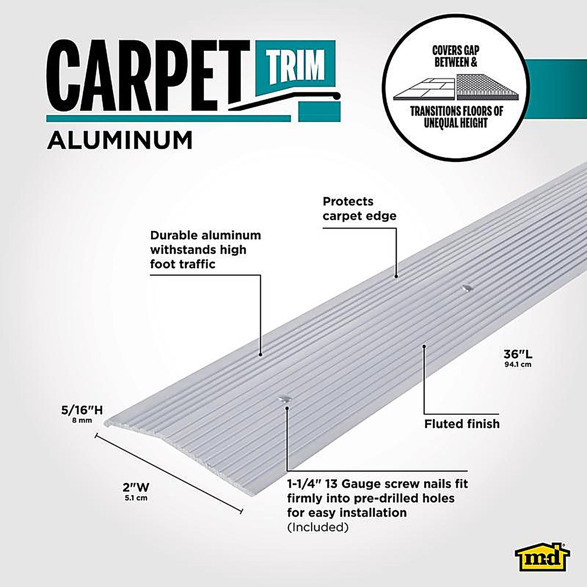 M-D - 78212 - 0.19 in. H x 36 in. L Prefinished Silver Aluminum Carpet Trim
