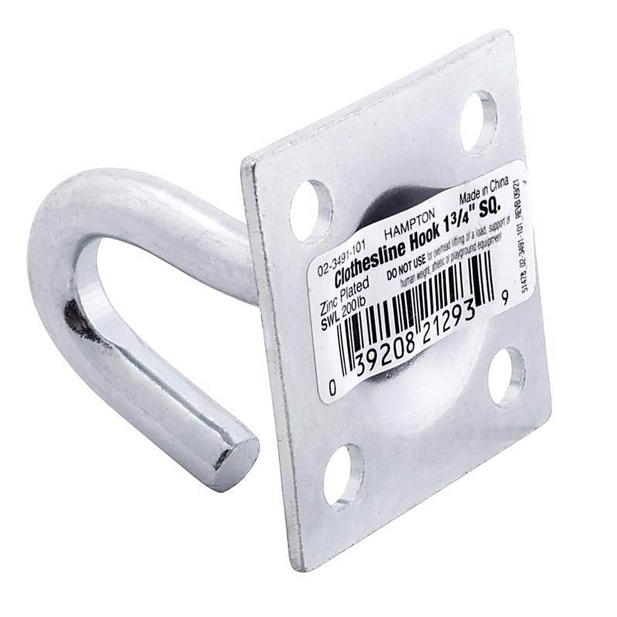 Hampton - 02-3491-101 - Small Zinc-Plated Silver Steel 1.75 in. L Clothesline Hook Plate Type 200 lb. - 1/Pack