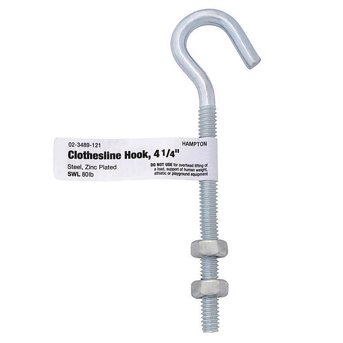 Hampton - 02-3489-121 - Small Zinc-Plated Silver Steel 4 in. L Clothesline Bolt Hook 80 lb. - 1/Pack