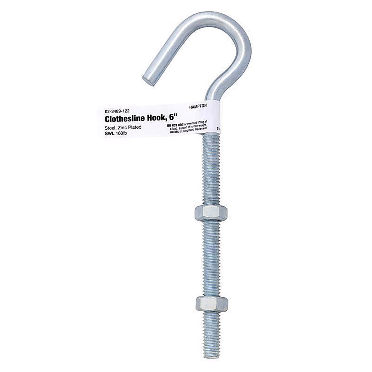 Hampton - 02-3489-122 - Medium Zinc-Plated Silver Steel 6 in. L Clothesline Bolt Hook 160 lb. - 1/Pack