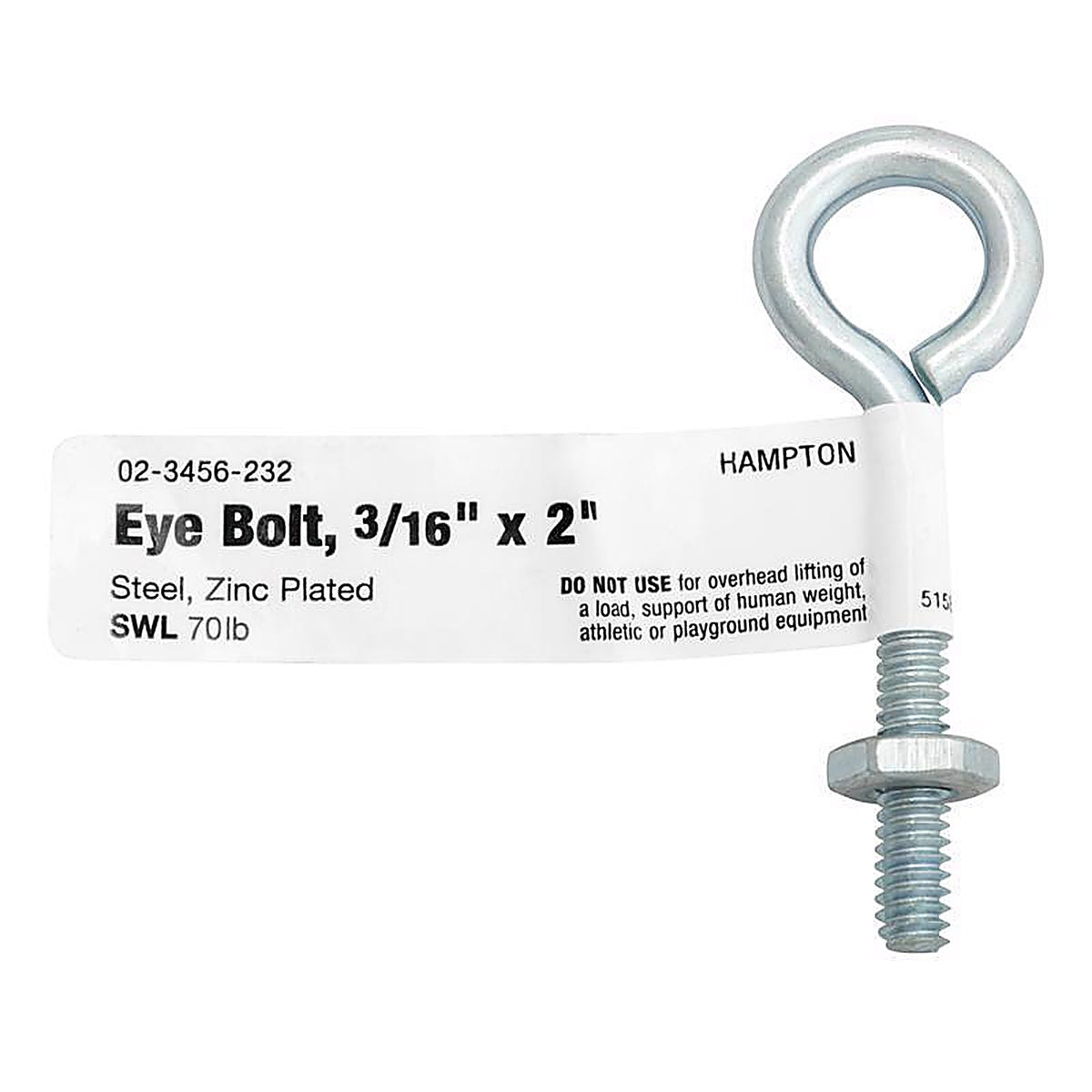 Hampton - 02-3456-232 - 3/16 in. x 2 in. L Zinc-Plated Steel Eyebolt Nut Included