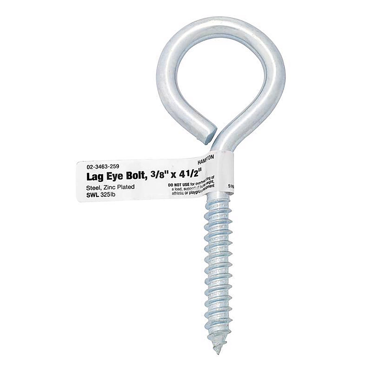 Hampton - 02-3463-259 - 3/8 in. x 4-1/2 in. L Zinc-Plated Steel Lag Thread Eyebolt