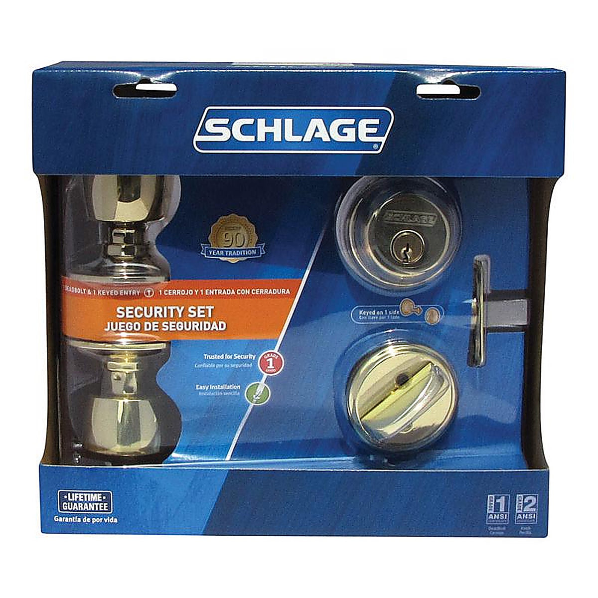 Schlage - FB50NVBEL505 - Bell Bright Brass Knob and Single Cylinder Deadbolt ANSI Grade 2 1-3/4 in.