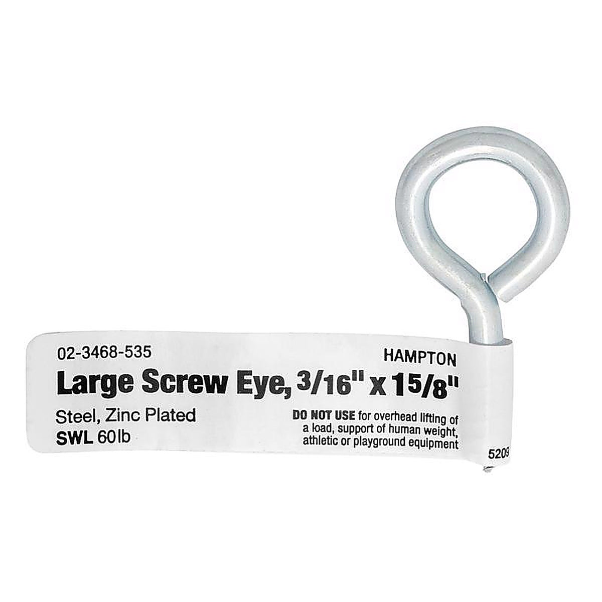 Hampton - 02-3468-535 - 3/16 in. Dia. x 1-5/8 in. L Zinc-Plated Steel Screw Eye 60 lb. capacity - 50/Pack