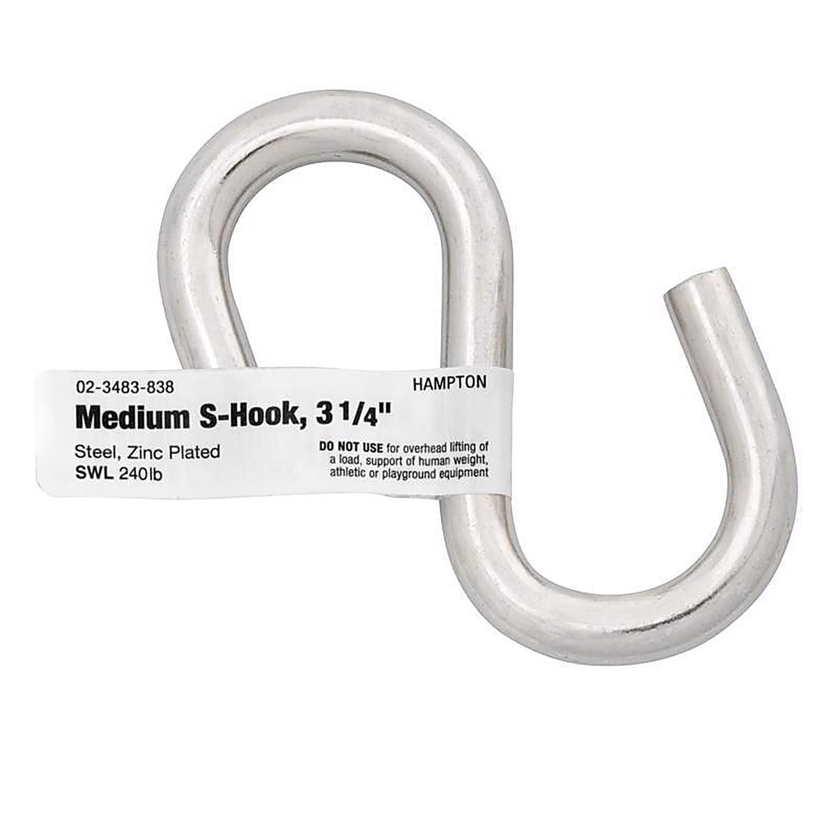 Hampton - 02-3483-838 - Medium Zinc-Plated Silver Steel 3.25 in. L S-Hook 240 lb. - 1/Pack