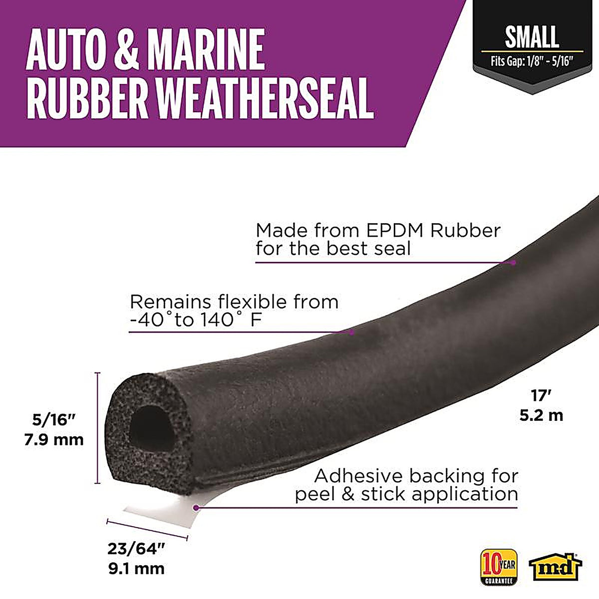 M-D - 1025 - Black Rubber Weatherstrip For Auto and Marine 17 ft. L x 5/16 in.