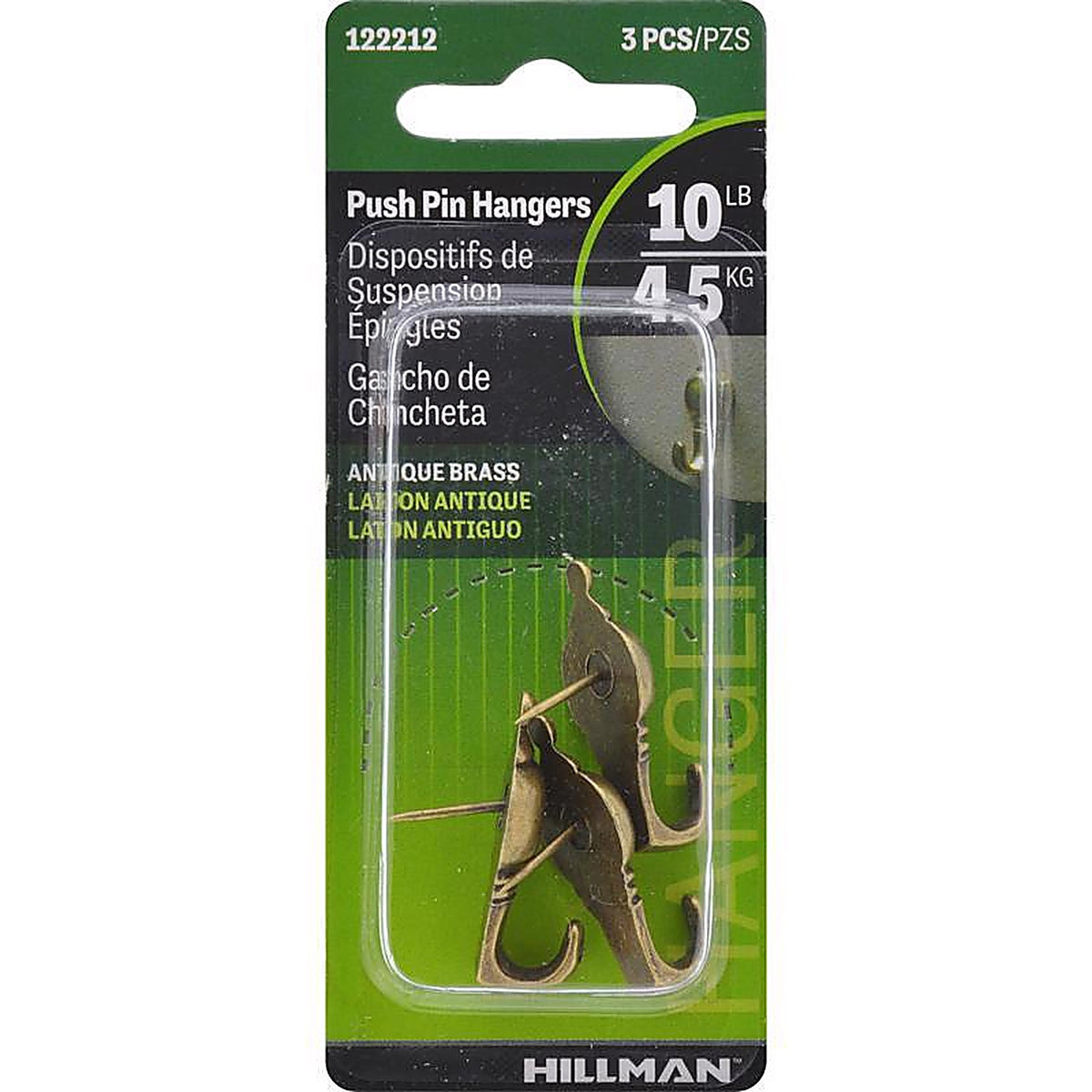 Hillman - 122212 - AnchorWire Antique Brass Silver Push Pin Picture Hook 20 lb 3 pk