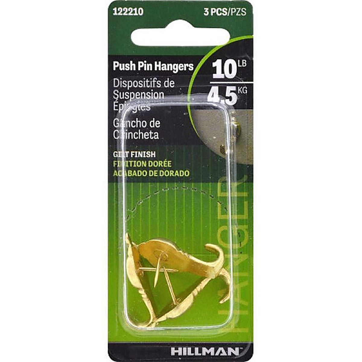 Hillman - 122210 - AnchorWire Gilt Push Pin Picture Hook 10 lb 3 pk