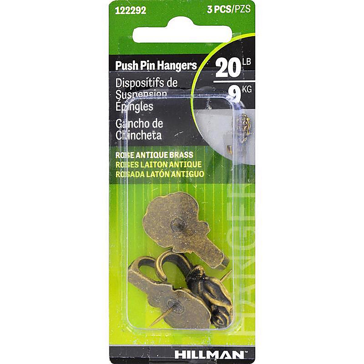 Hillman - 122292 - AnchorWire Antique Brass Push Pin Picture Hook 20 lb 3 pk