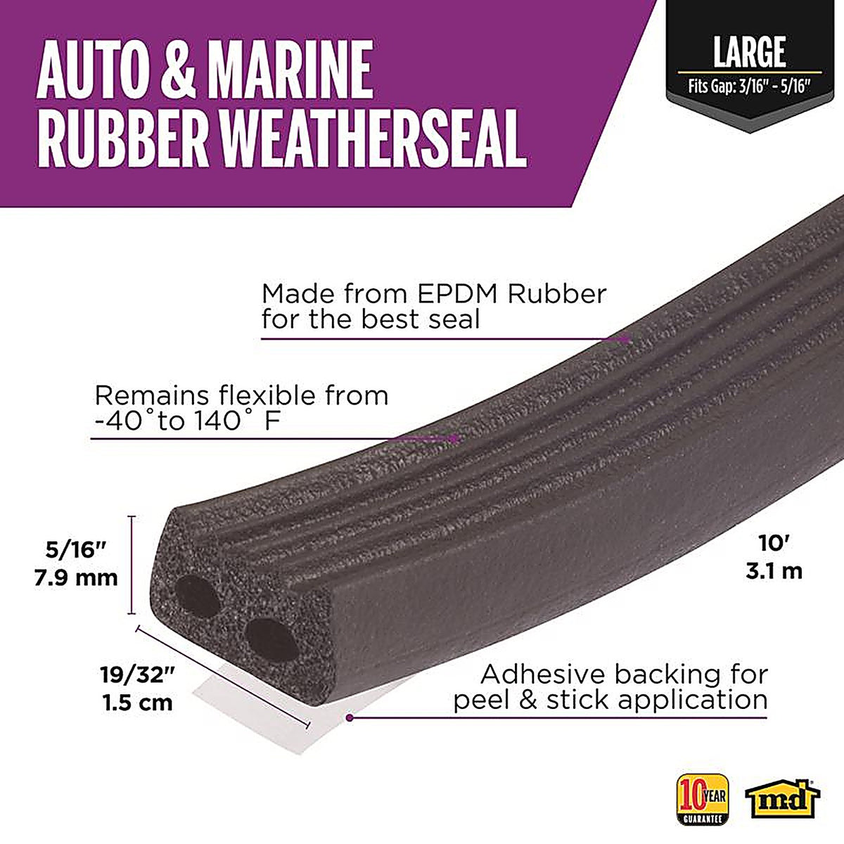 M-D - 1033 - Black EPDM Rubber Foam Weatherstrip For Auto and Marine 10 ft. L x 5/16 in.