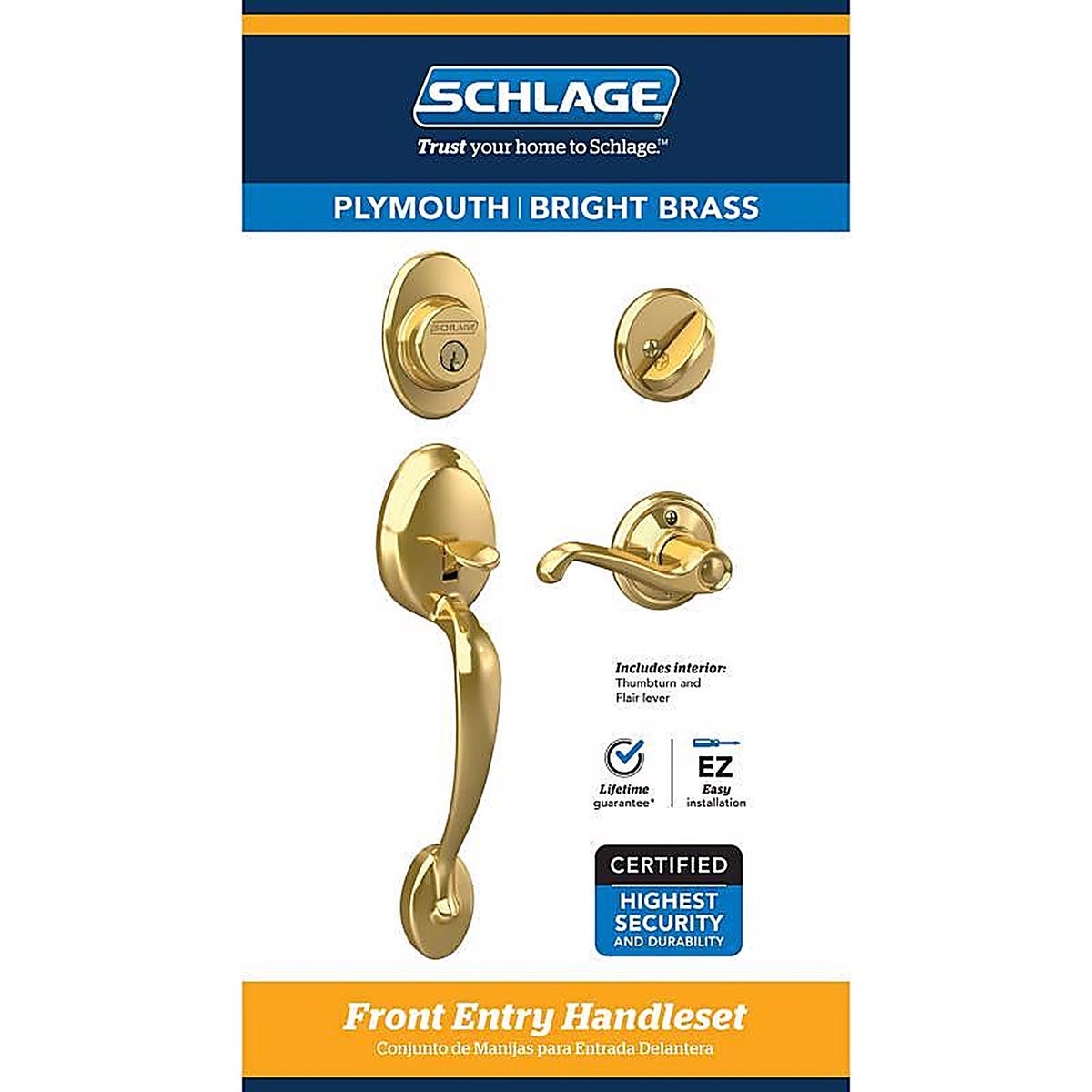 Schlage - F60 G PLY 605 F - Plymouth, Flair Bright Brass Entry Handleset 1-3/4 in.