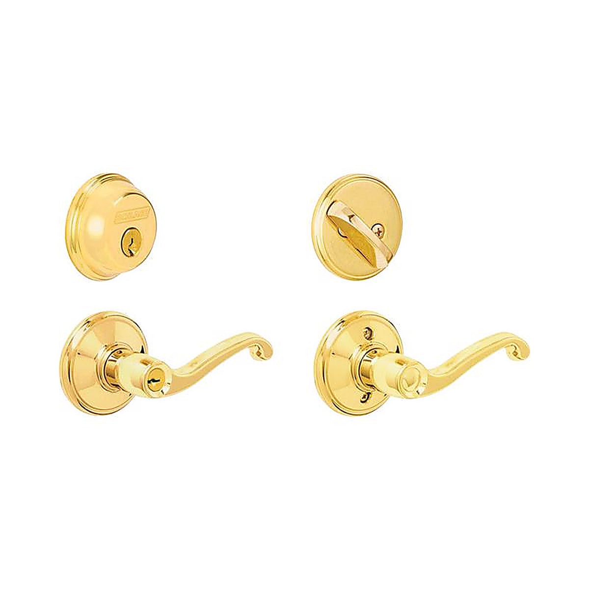 Schlage - FB50NVFLA505 - Flair Bright Brass Lever and Single Cylinder Deadbolt ANSI Grade 2 1-3/4 in.